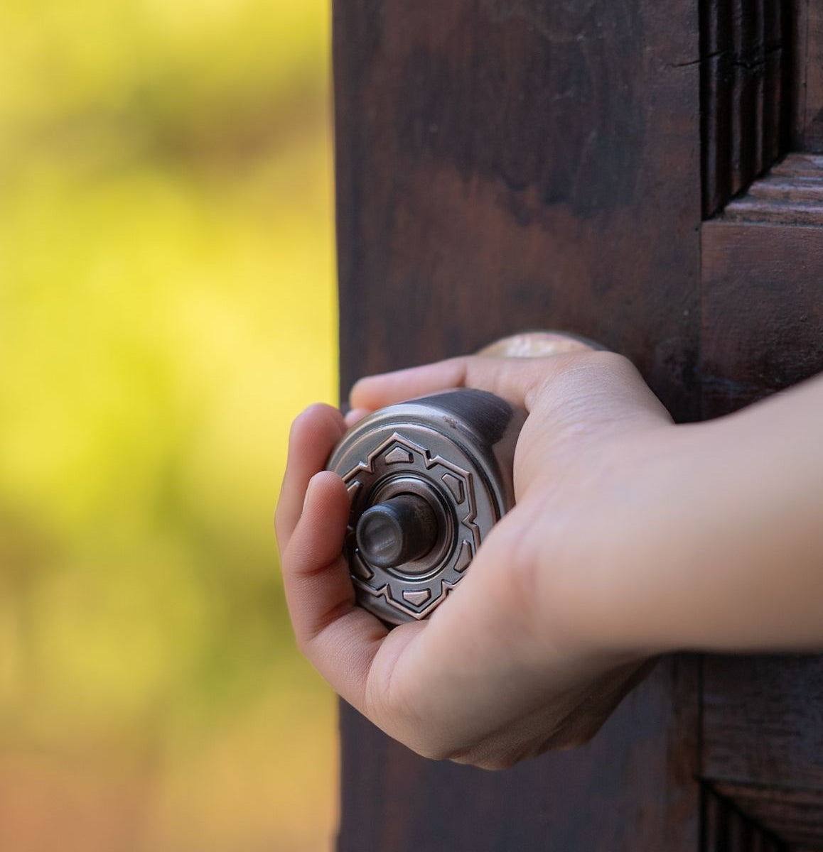 Hand opening up doorknob with outdoors in the background