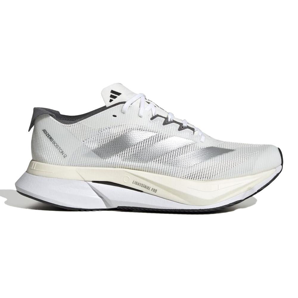 Adidas-Women's Adidas Adizero Boston 12-Cloud White/Silver Metallic/Grey Five-Pacers Running