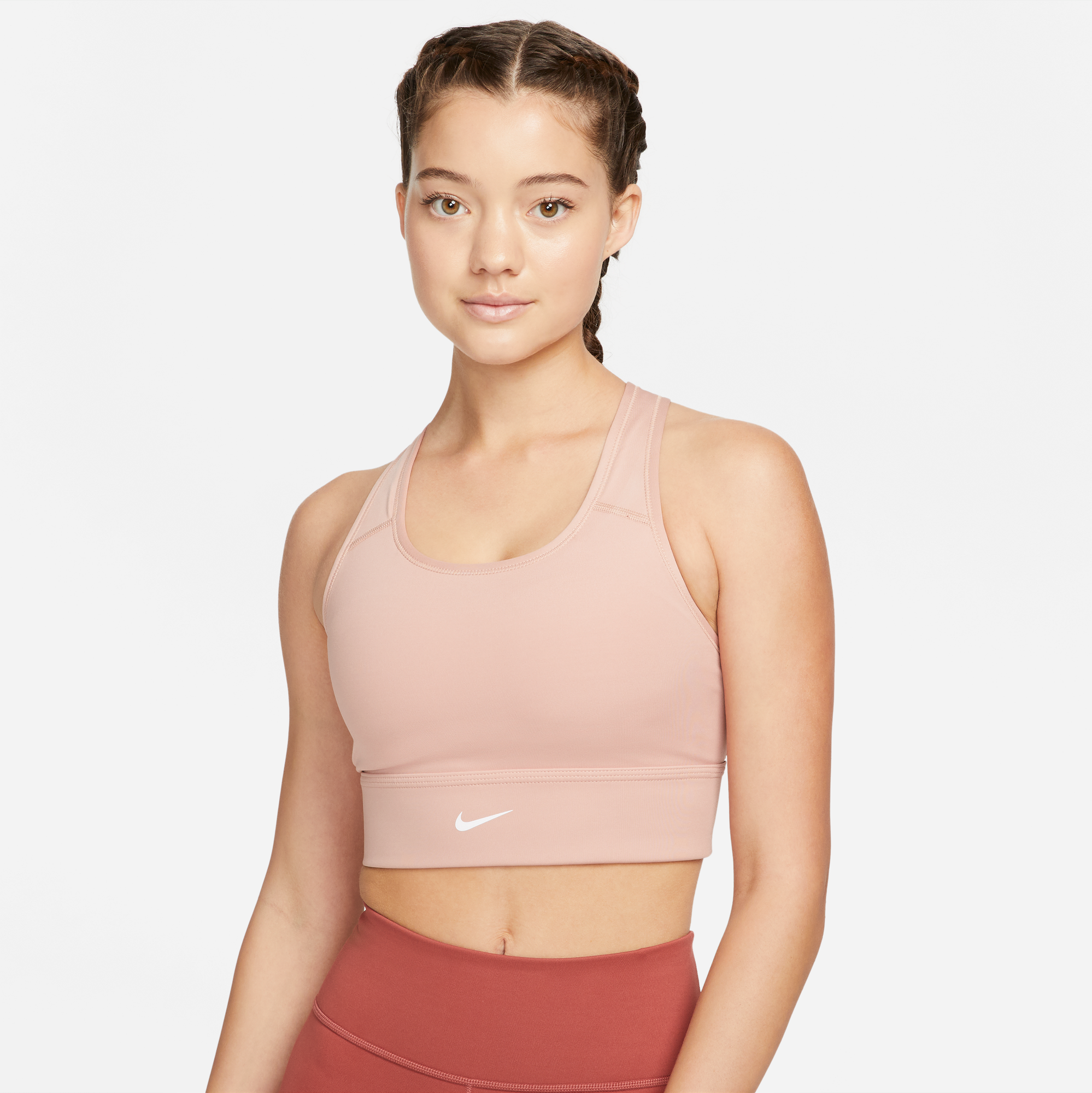 Nike-Women's Nike Dri-FIT Swoosh Padded Bra-Rose Whisper/White-Pacers Running